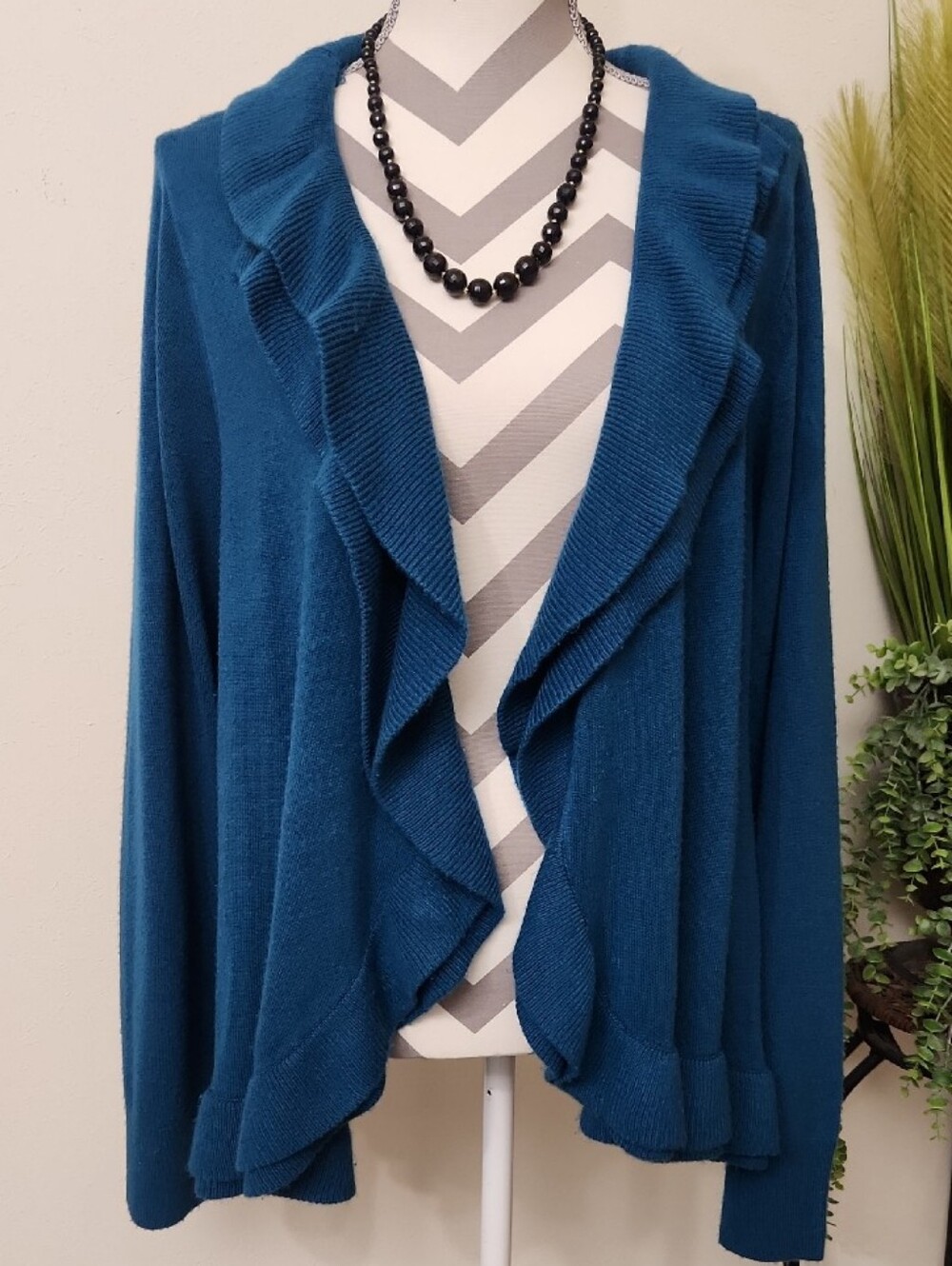 Cato Teal Ruffle Open-Front Women's Sweater Cardigan